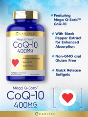 Carlyle CoQ10 400 mg softgels capsules closeup emphasizing smooth texture