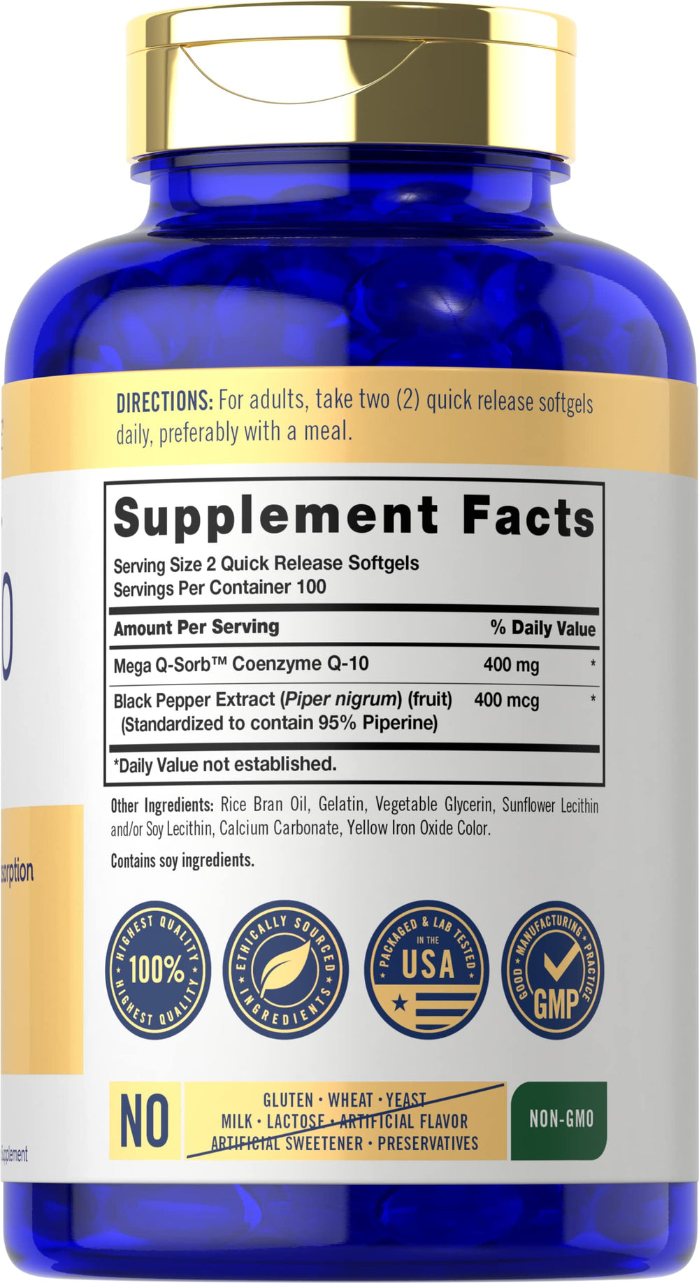 Carlyle CoQ10 400 mg softgels label showing ingredients and potency