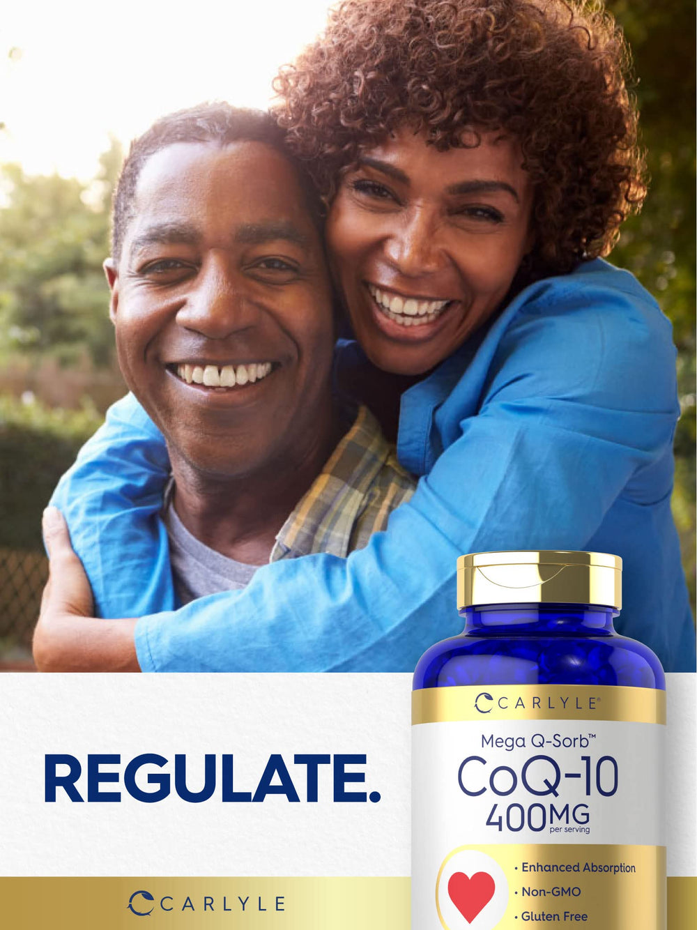 Carlyle CoQ10 400 mg softgels near glass of water for easy daily use