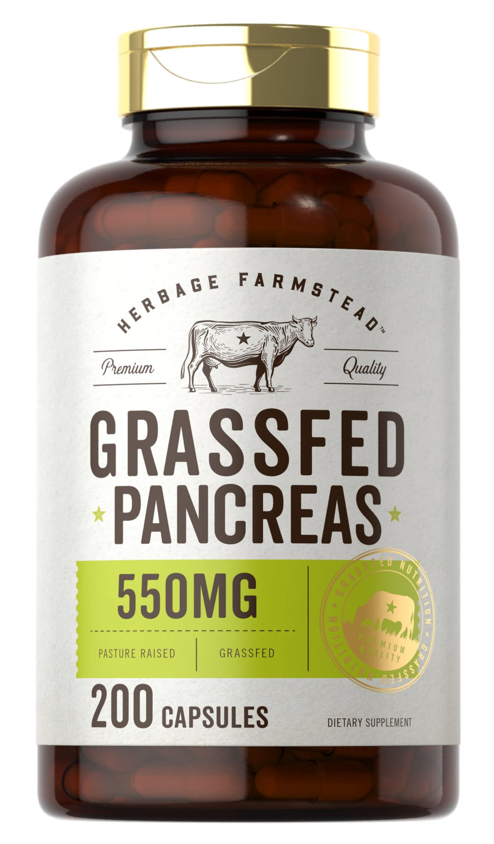 Carlyle Grass Fed Beef Pancreas 550mg bottle front shows dosage for daily supplement use