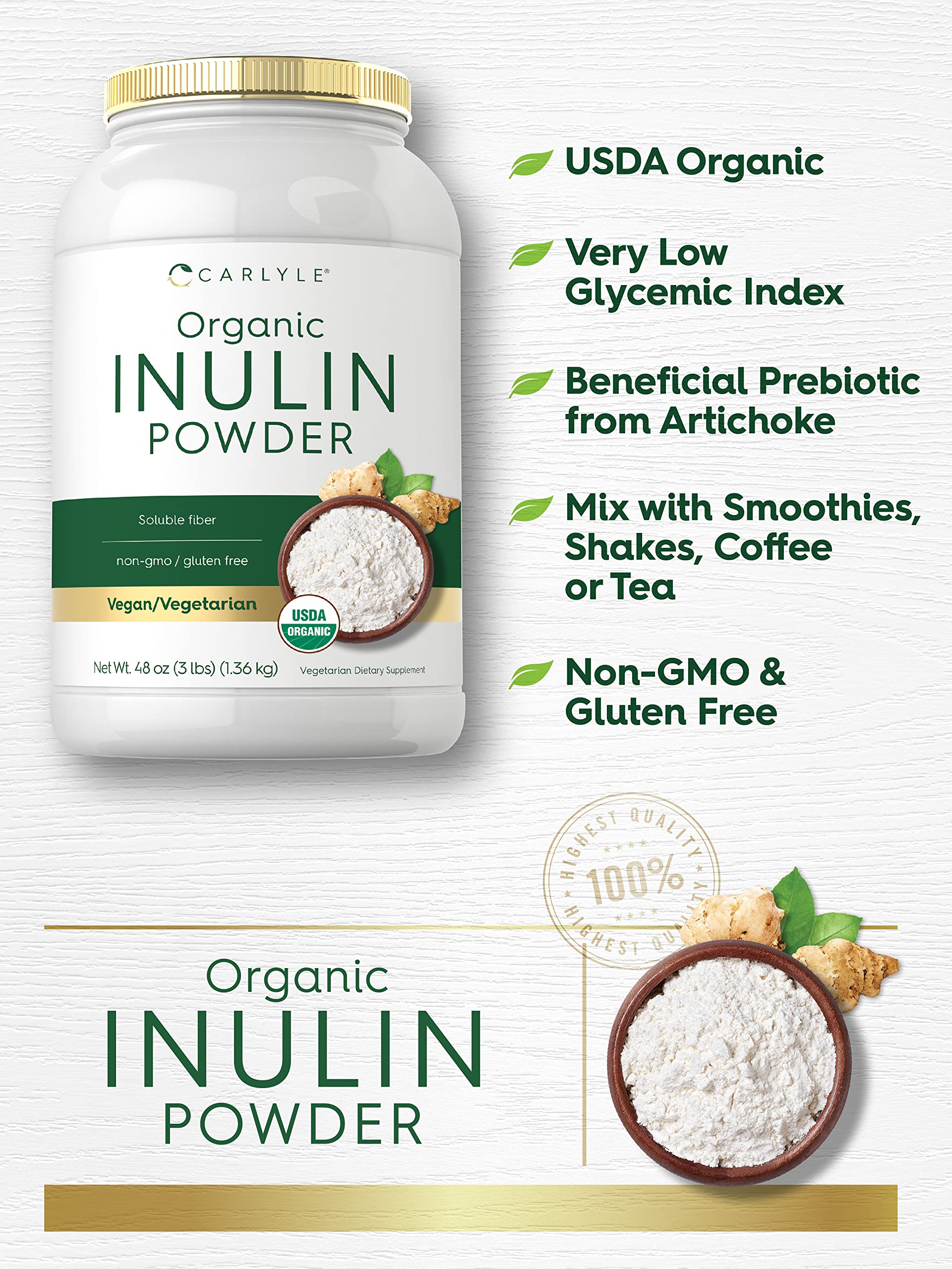 Carlyle Organic Inulin Powder jar; organic source with 3 g soluble fiber per serving.