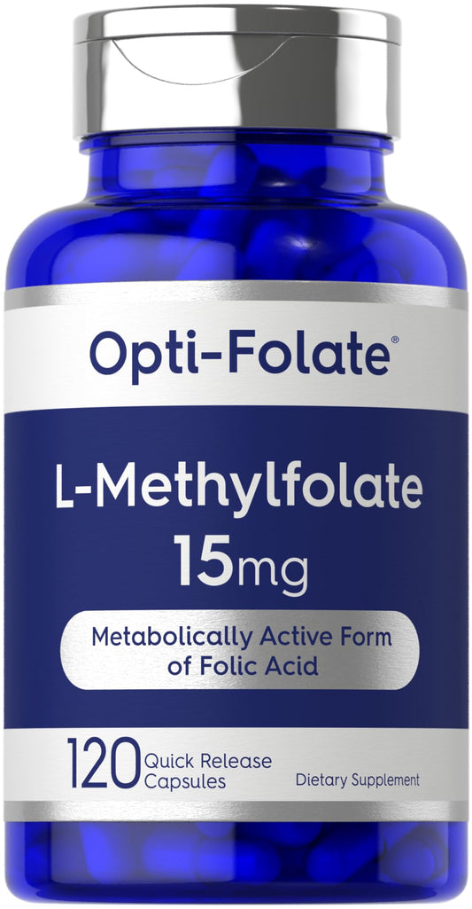 Carlyle L-Methylfolate 15mg bottle label showing 120 capsules for daily use.
