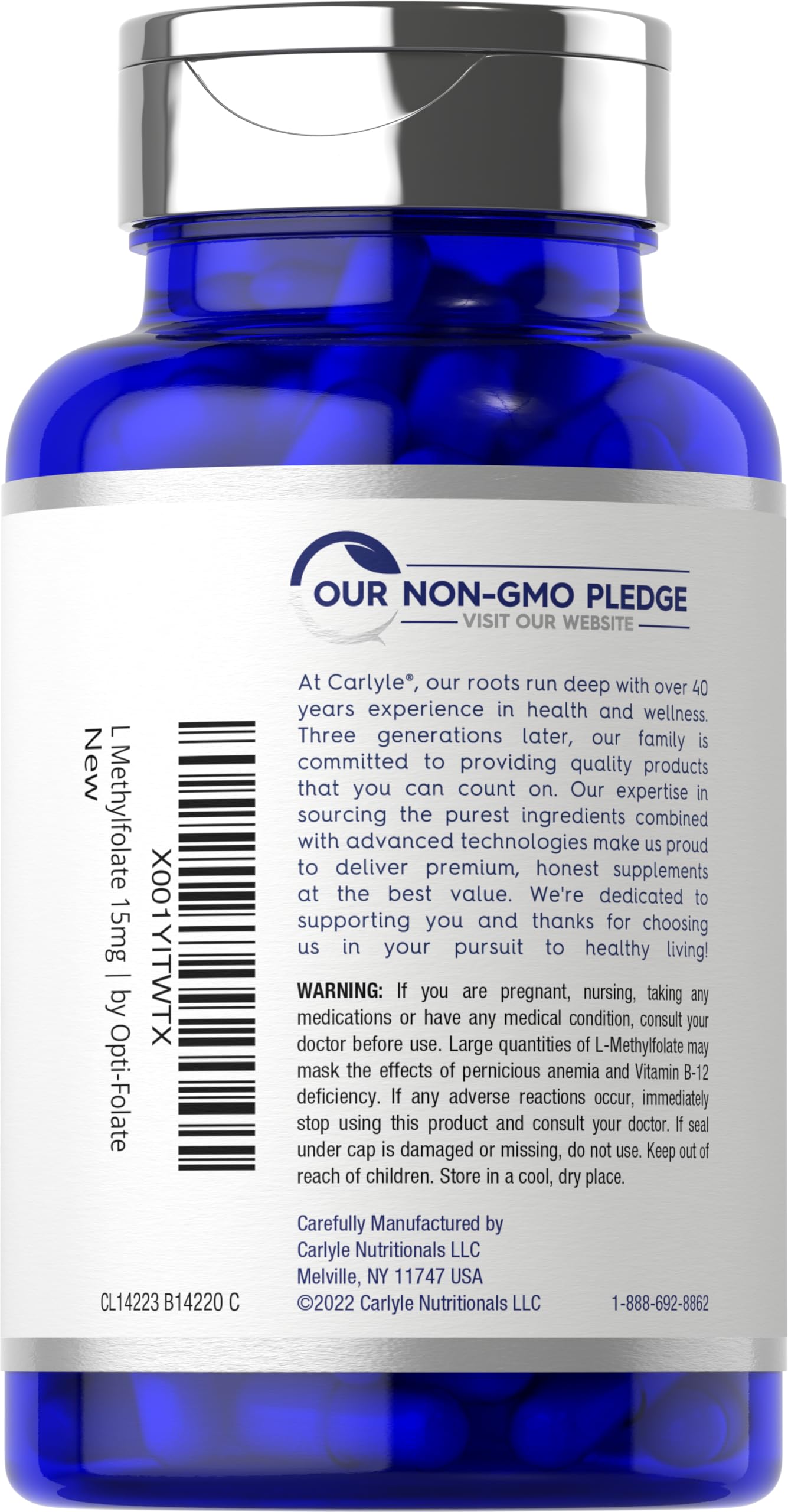 Carlyle L-Methylfolate 15mg bottle with non-GMO and gluten-free claim highlighted.
