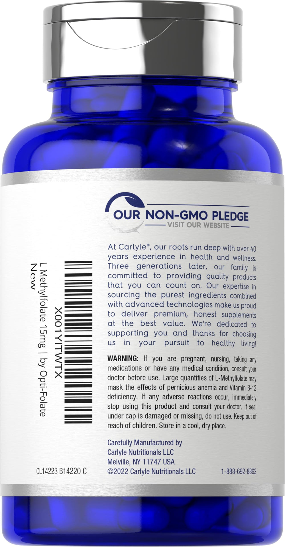 Carlyle L-Methylfolate 15mg bottle with non-GMO and gluten-free claim highlighted.