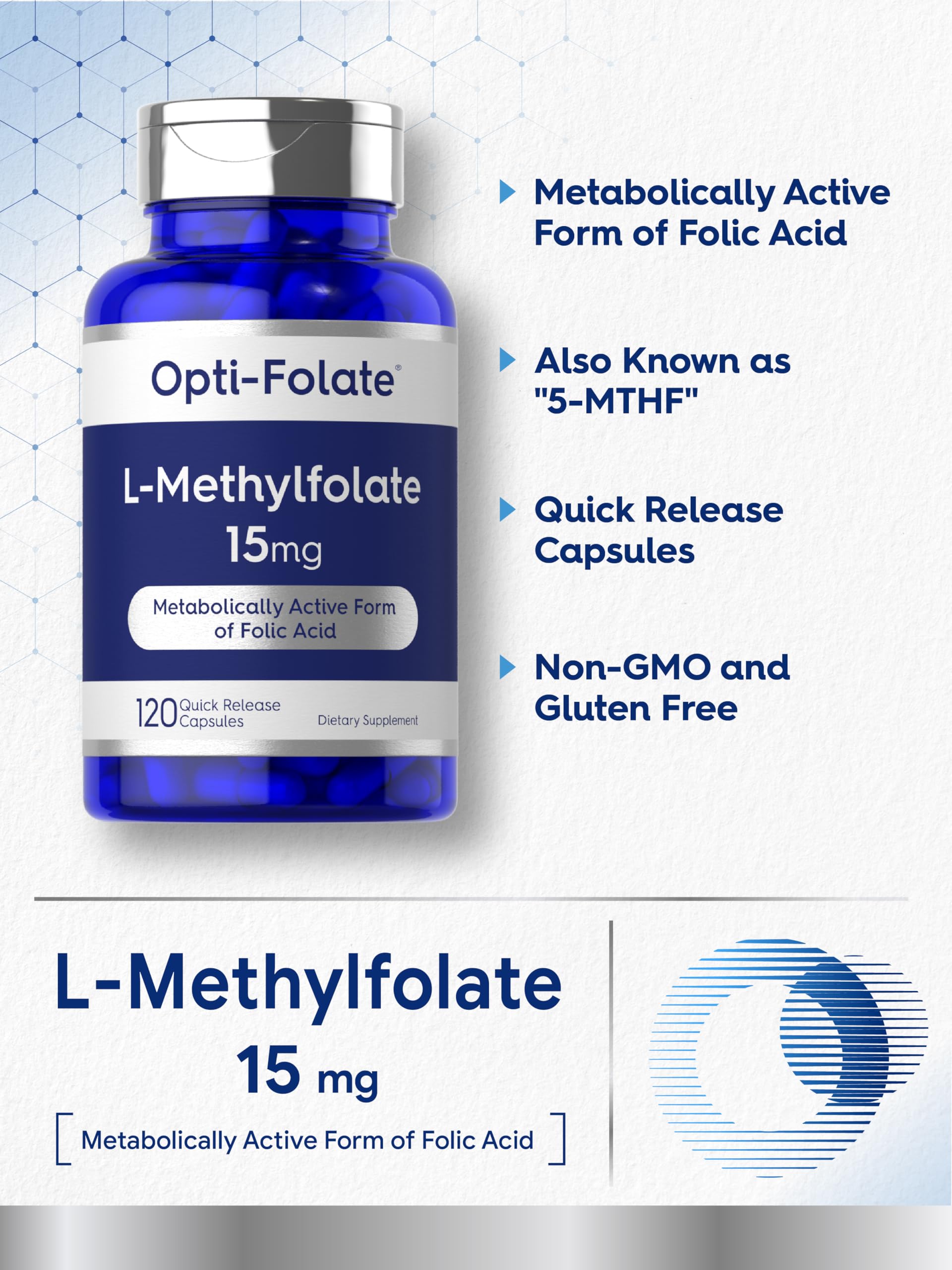 Side view of Carlyle L-Methylfolate 15mg bottle, value size packaging for long-term use.