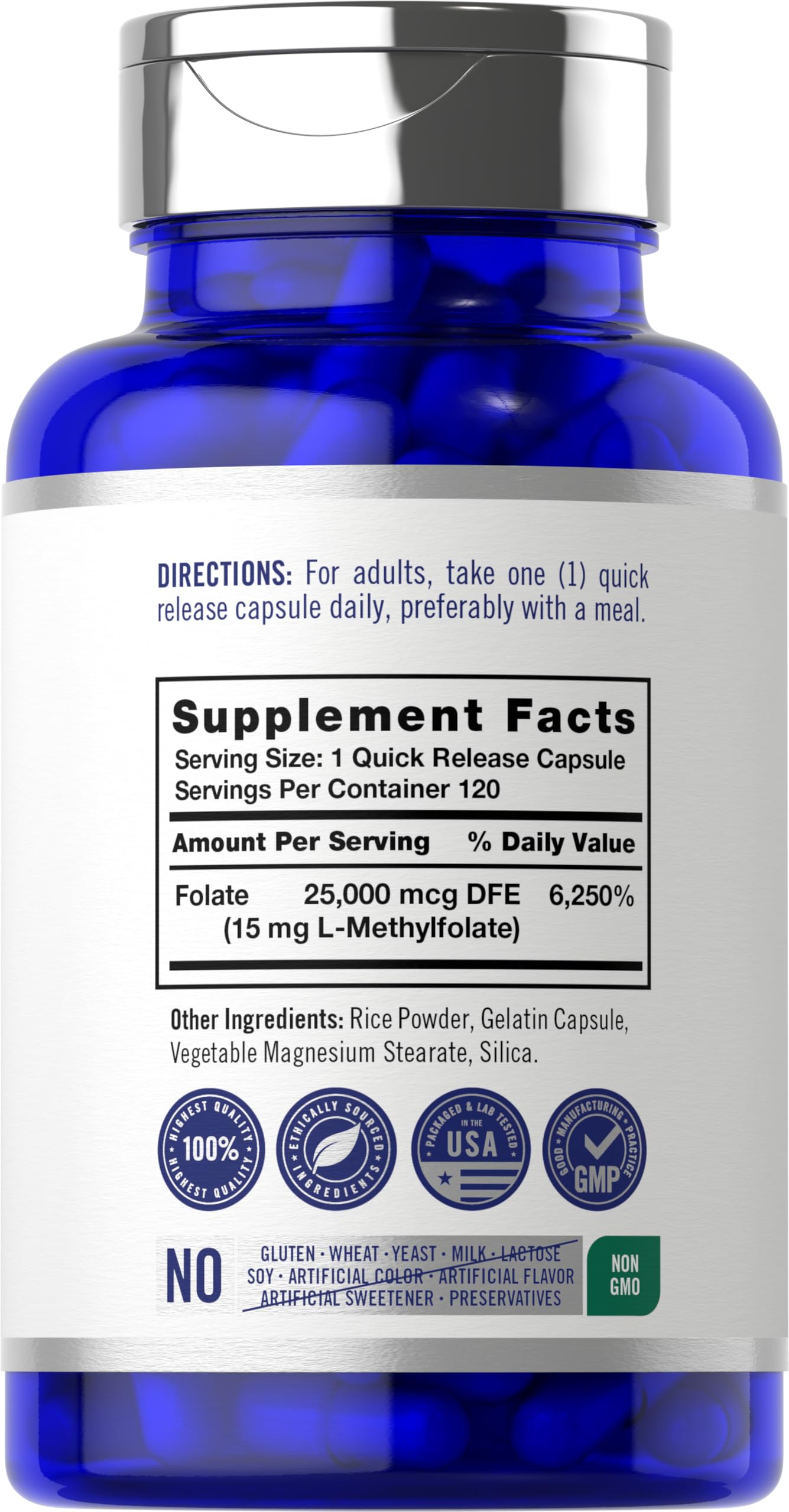 Close-up of Carlyle L-Methylfolate 15mg capsules, easy-to-swallow quick-release design.