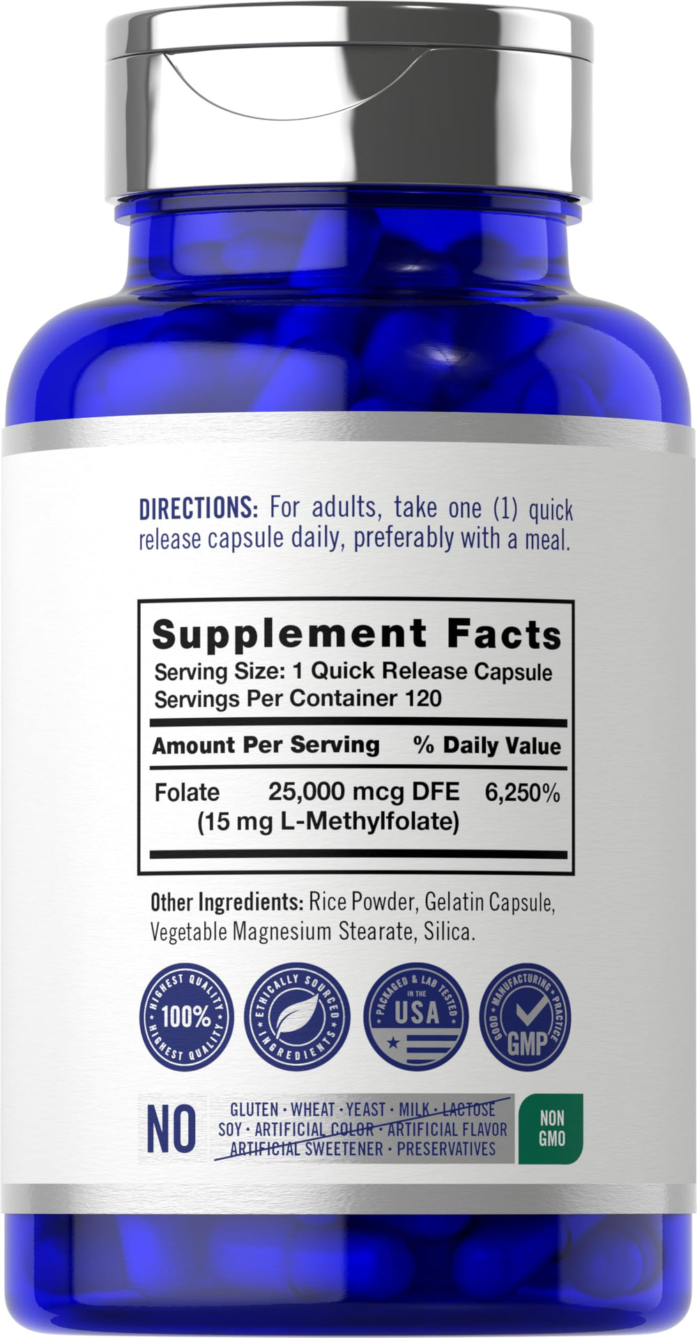 Close-up of Carlyle L-Methylfolate 15mg capsules, easy-to-swallow quick-release design.
