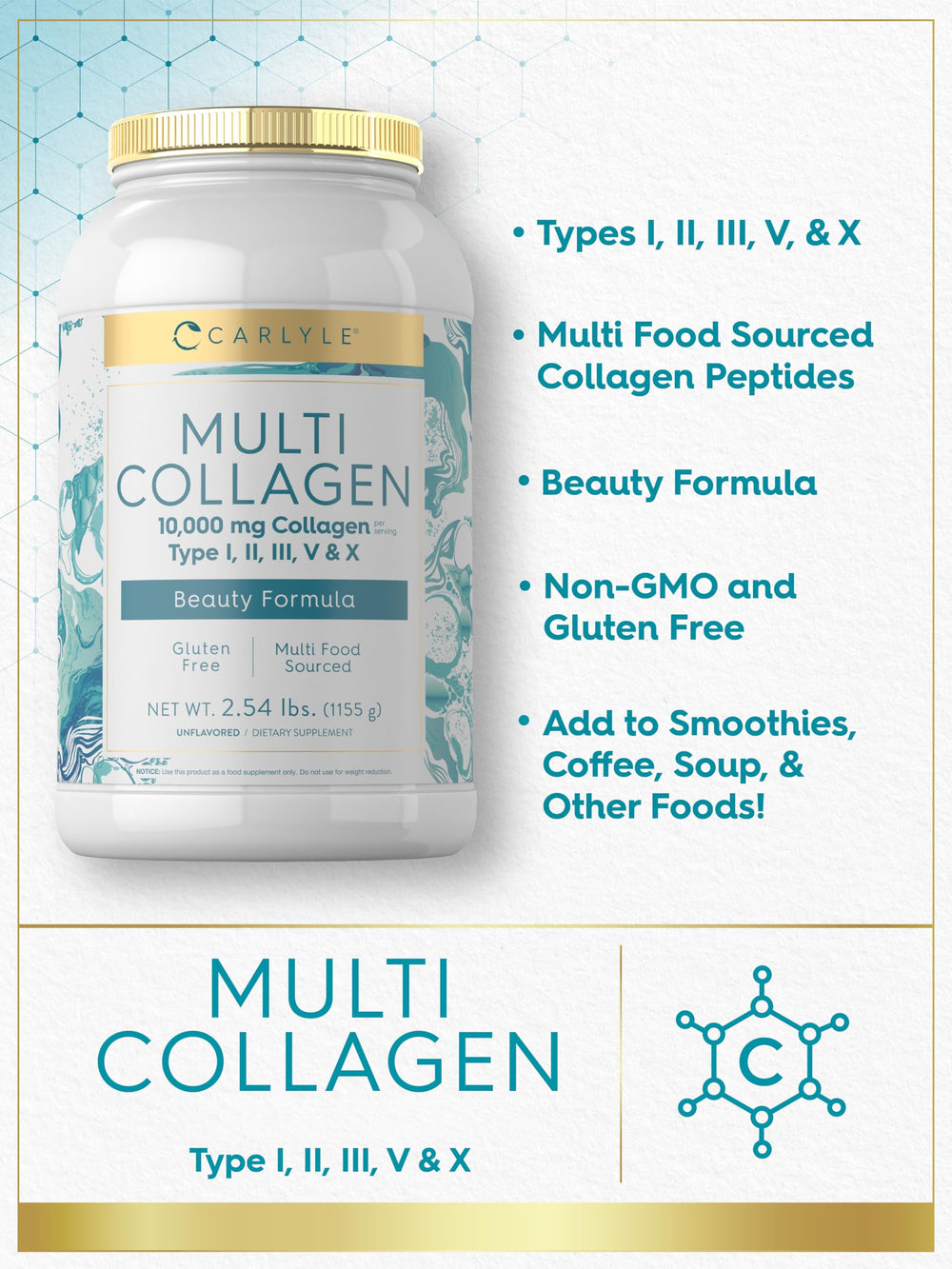Carlyle Multi Collagen Peptides bottle label close-up showing quality and non-GMO