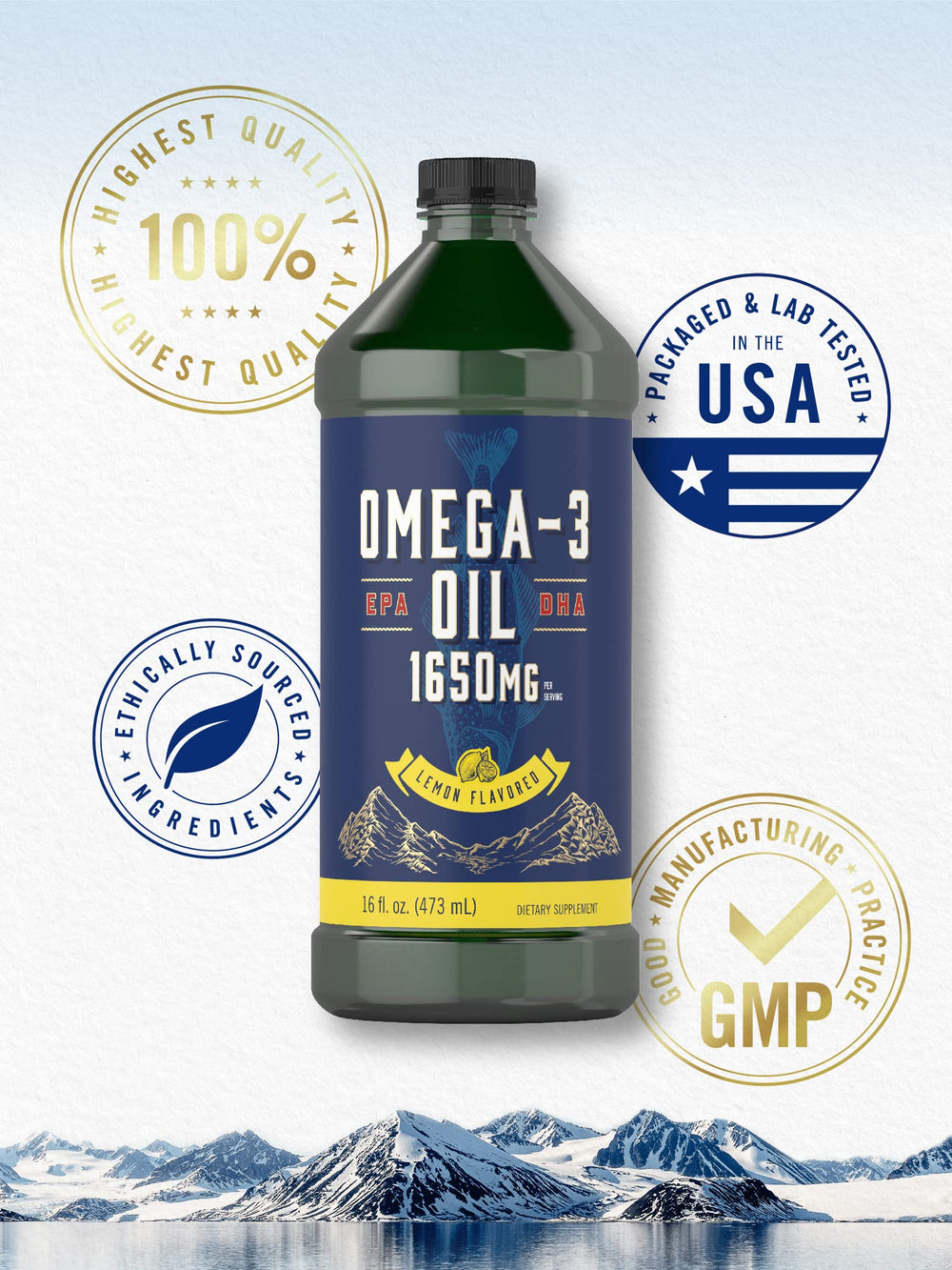 Carlyle Omega-3 dropper dispensing lemon flavored oil for convenient use.