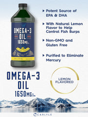 Carlyle Omega-3 Liquid label closeup highlighting purity and non-GMO status.