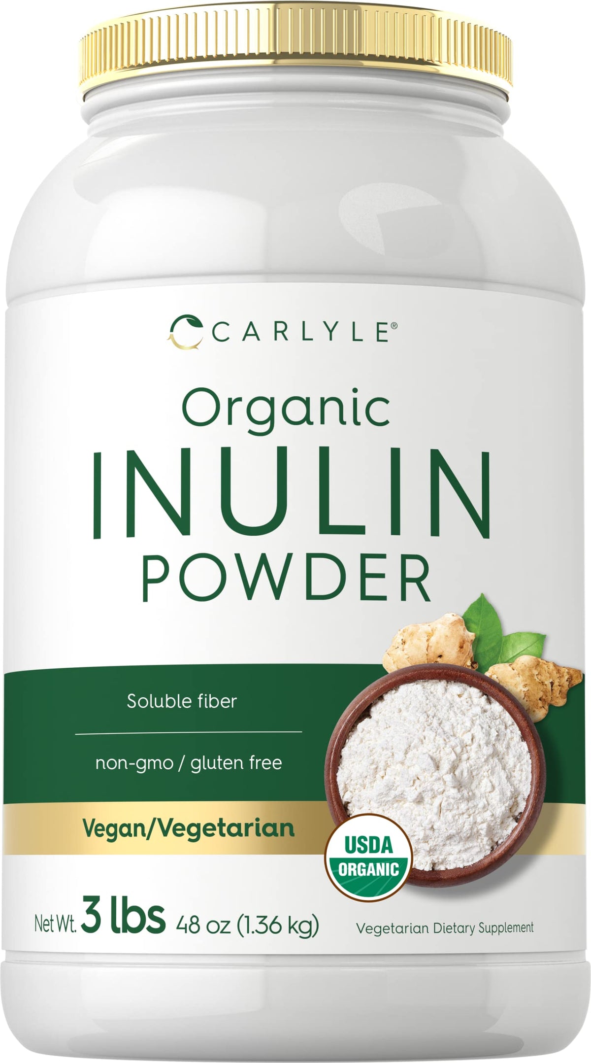Carlyle Organic Inulin Powder bottle with label, supporting probiotic health and daily fiber.