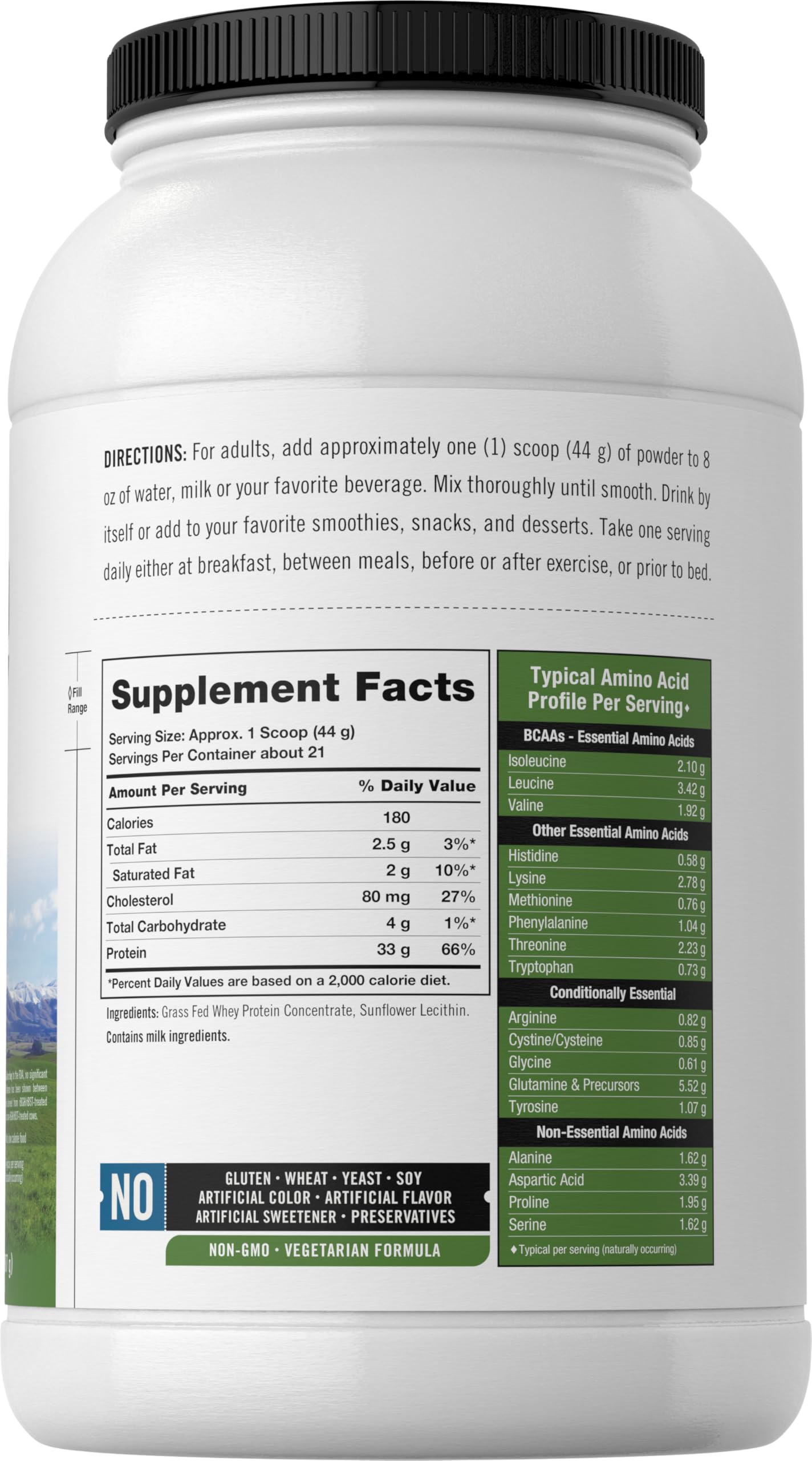 Carlyle whey protein label back notes non-GMO and gluten-free.