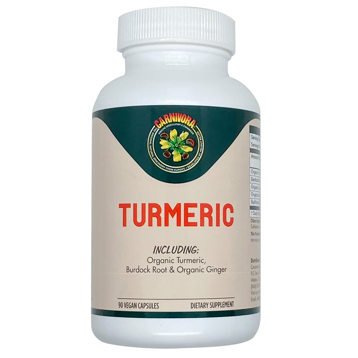 Carnivora Turmeric bottle front showing vegan capsules for joint and digestive support.