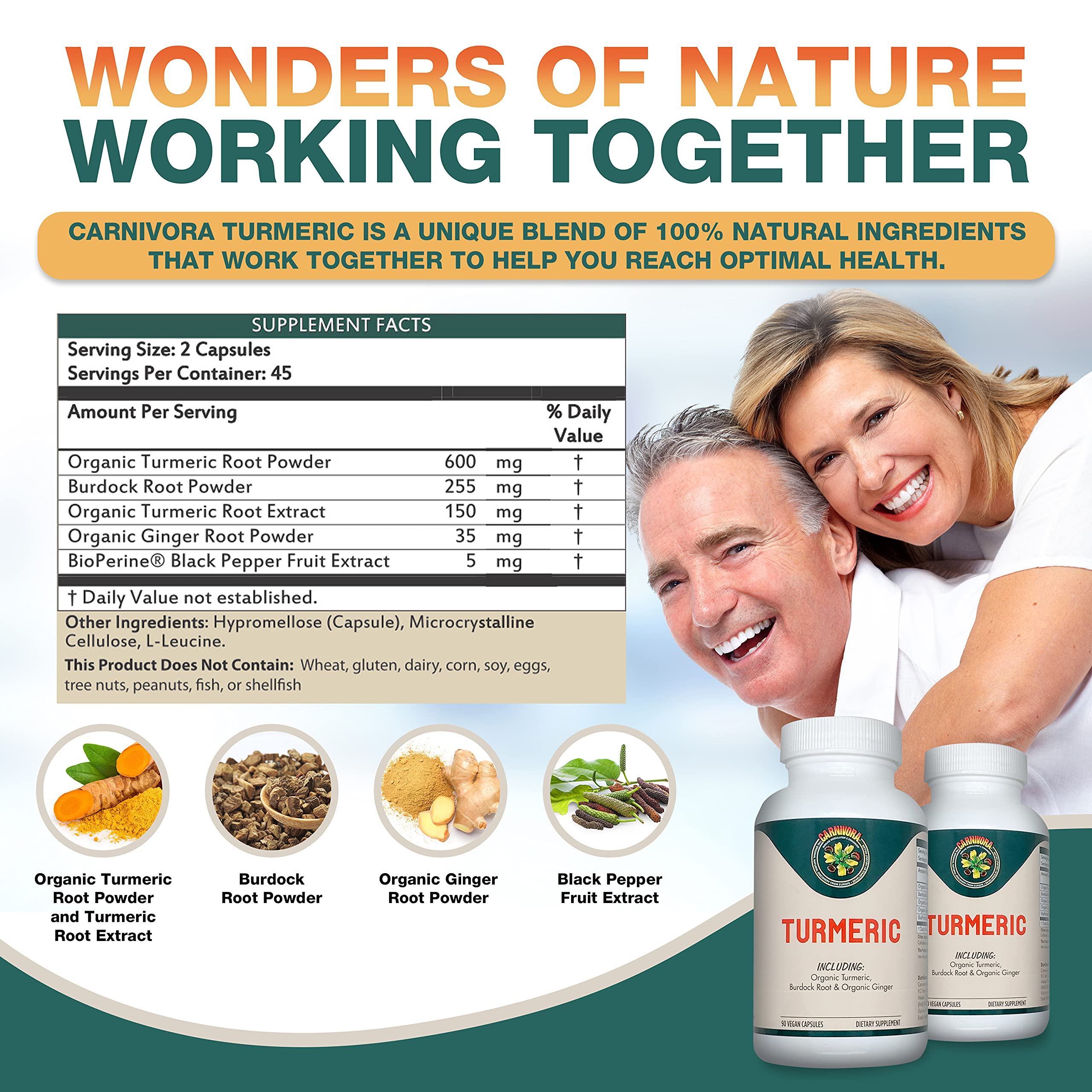 Carnivora Turmeric bottle label emphasizing organic turmeric and clean ingredients.