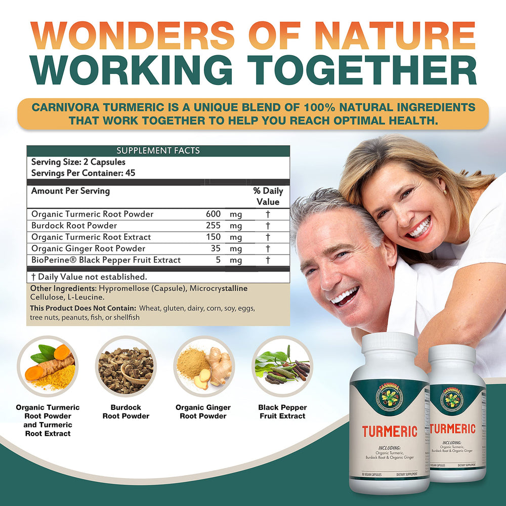 Carnivora Turmeric bottle label emphasizing organic turmeric and clean ingredients.