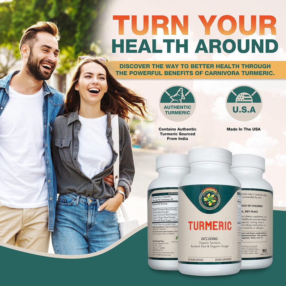 Close-up of Carnivora Turmeric capsules highlighting curcumin-rich formula.