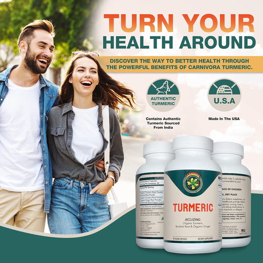 Close-up of Carnivora Turmeric capsules highlighting curcumin-rich formula.