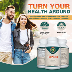 Close-up of Carnivora Turmeric capsules highlighting curcumin-rich formula.
