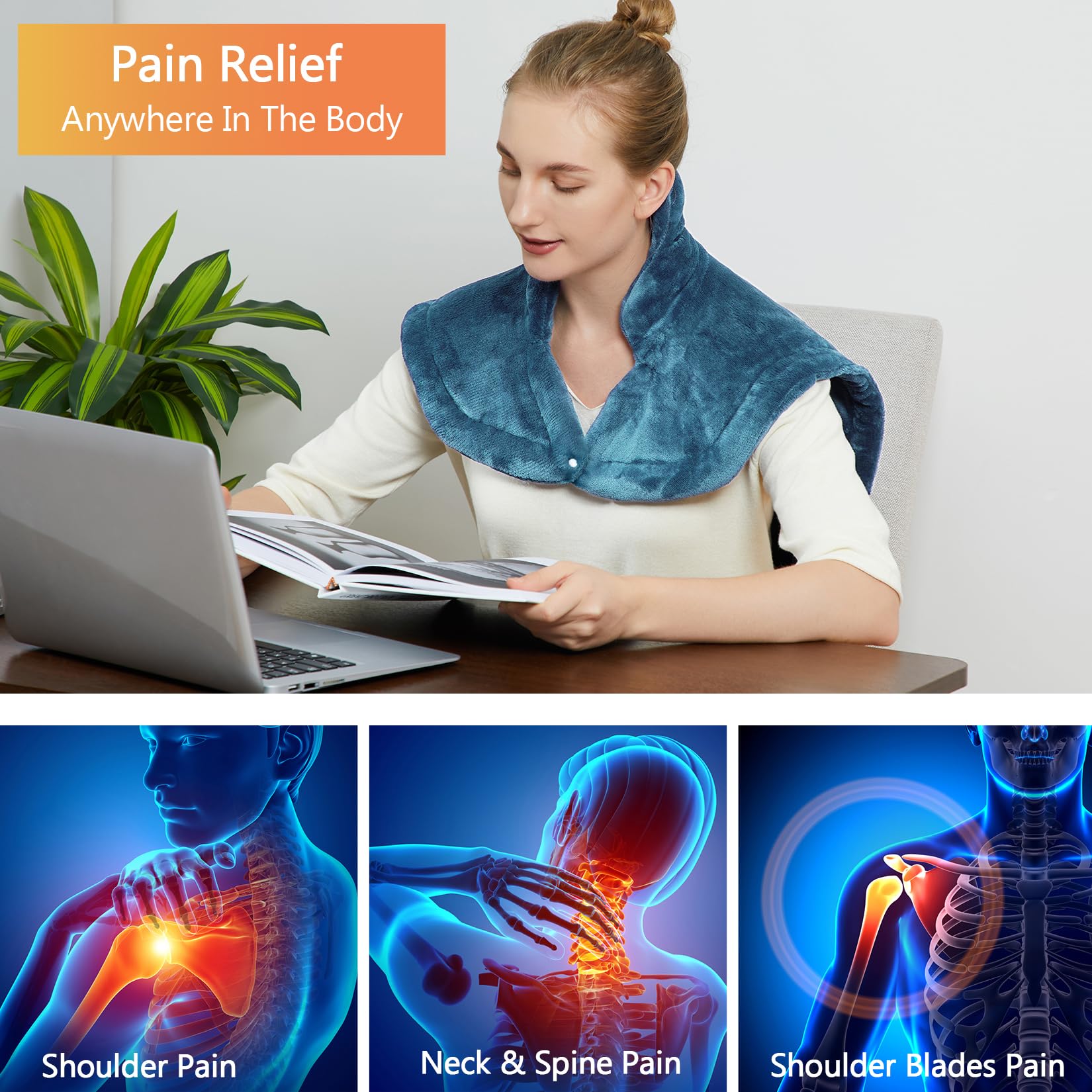 CAROMIO heating pad weighted edges and straps for hands-free wear