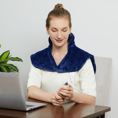 CAROMIO weighted heating pad on neck and shoulders, front view for targeted warmth