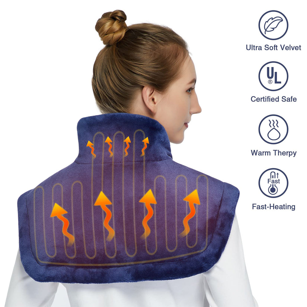 CAROMIO pad resting on shoulders while lying back for full upper body warmth