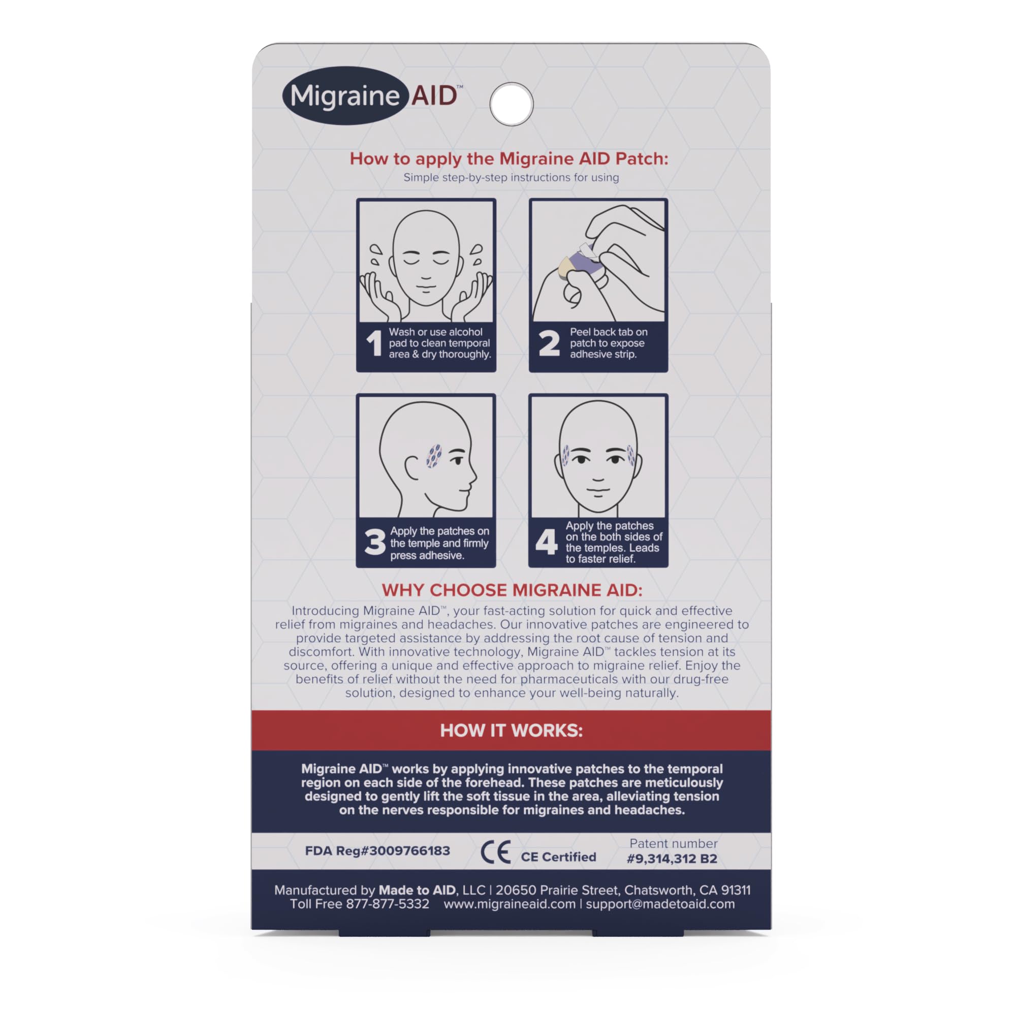 CarpalAid Migraine AID patch placed on forehead for relief