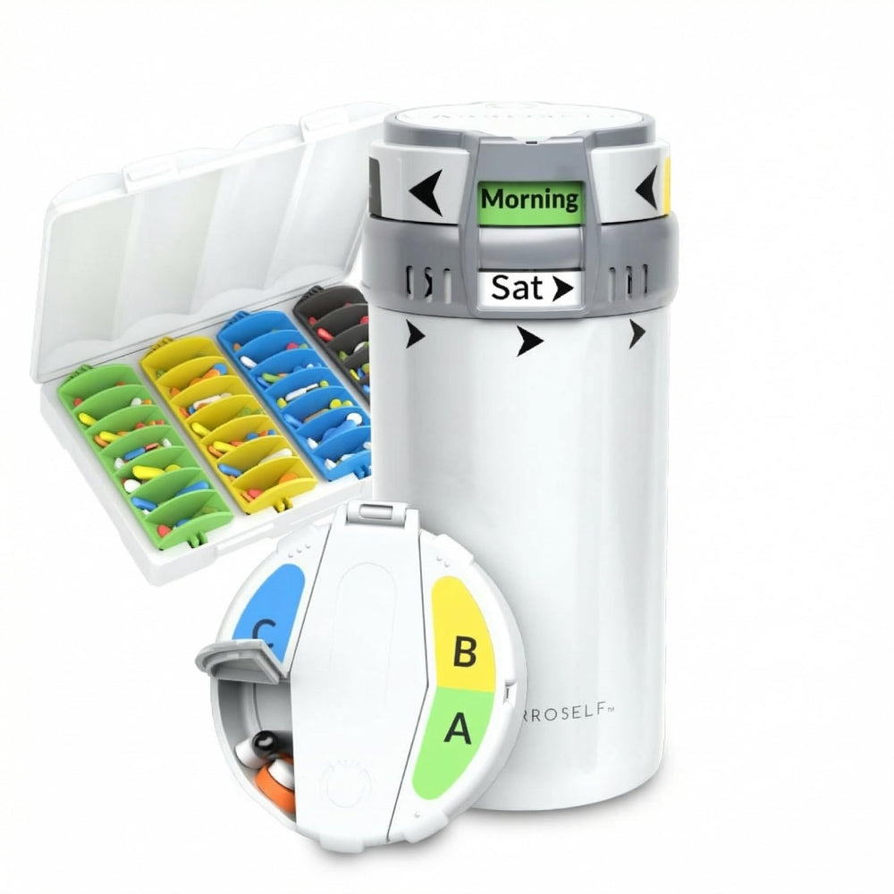 CARROSELF complete pill dispenser system ready for weekly dosing and tracking.