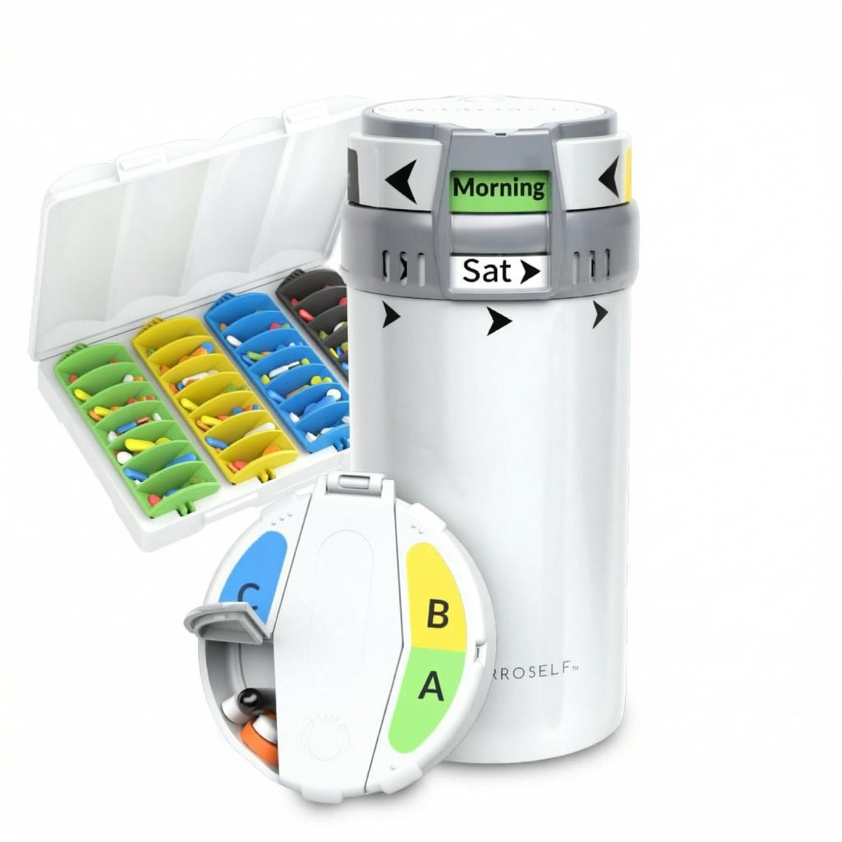 CARROSELF complete pill dispenser system ready for weekly dosing and tracking.