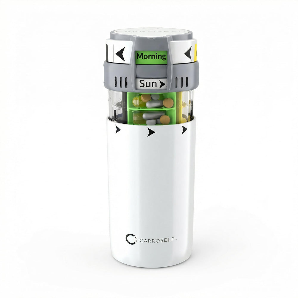 CARROSELF smart pill dispenser shows four daily doses for easy daily planning