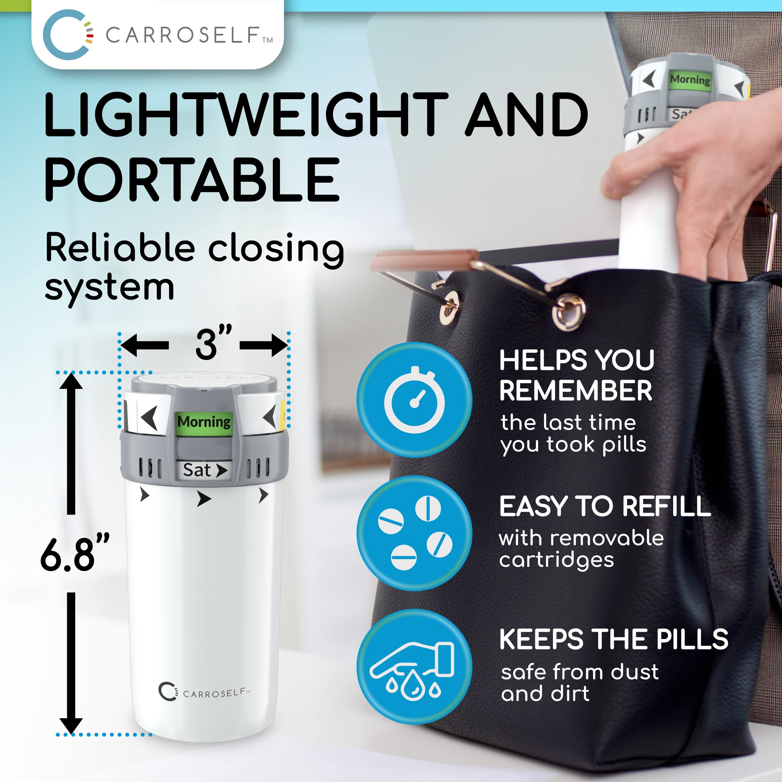 CARROSELF travel-friendly system fits home and on-the-go medication management.