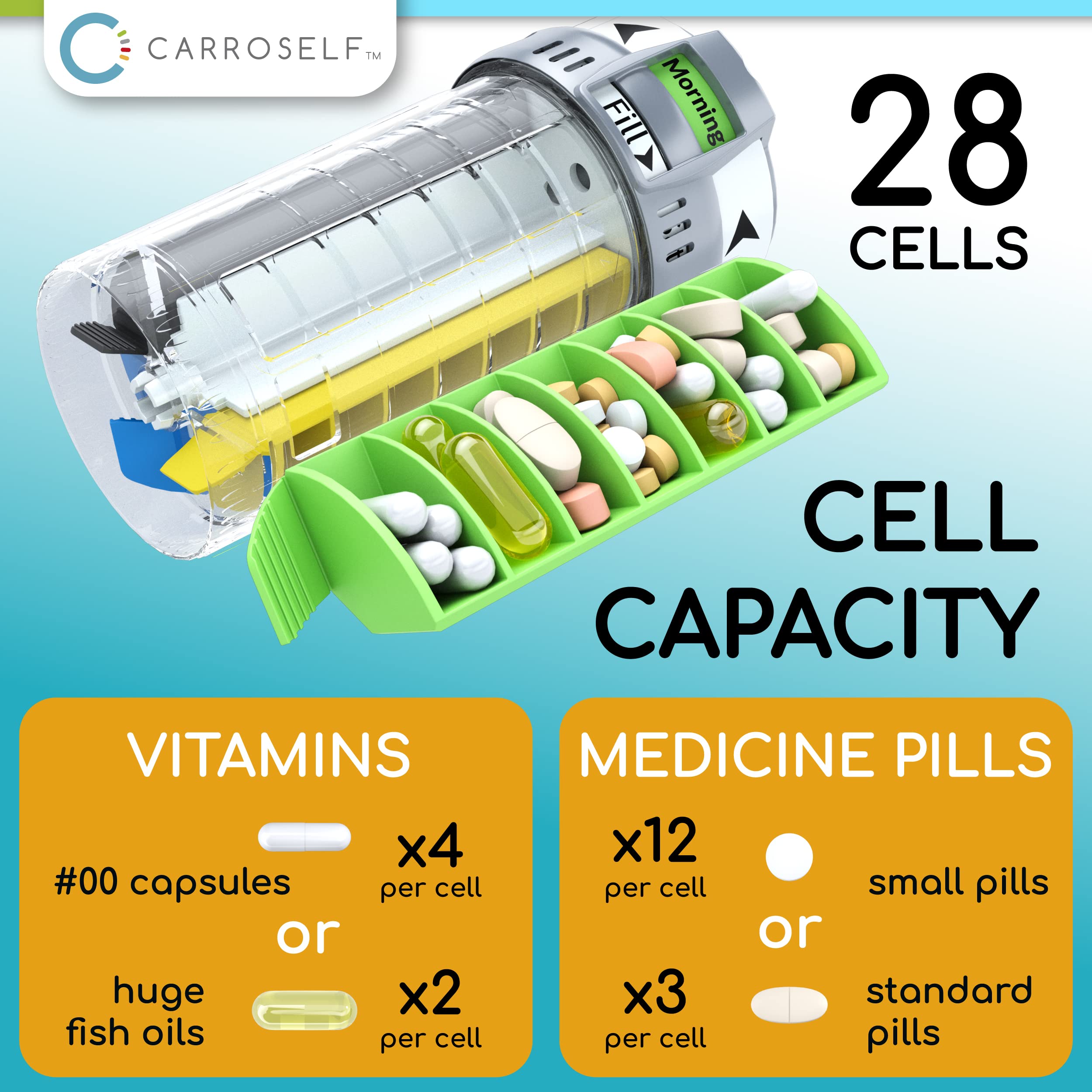 CARROSELF smart pill dispenser for four daily doses with clear labels.