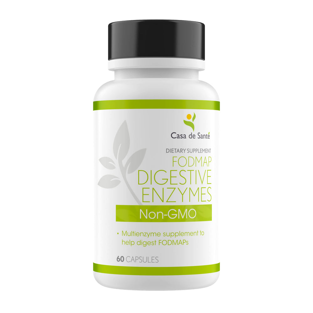 Casa de Sante 18-enzyme capsules on white background for comprehensive digestion support.