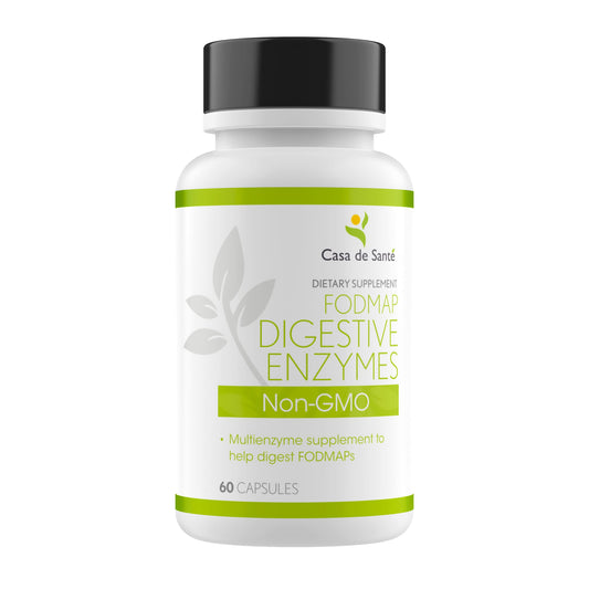 Casa de Sante 18-enzyme capsules on white background for comprehensive digestion support.