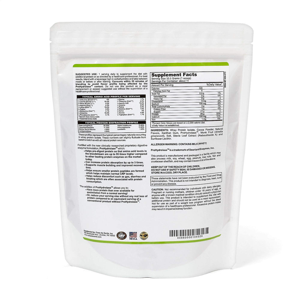 Casa de Sante Advanced Whey Protein Isolate Chocolate label shows clean ingredients