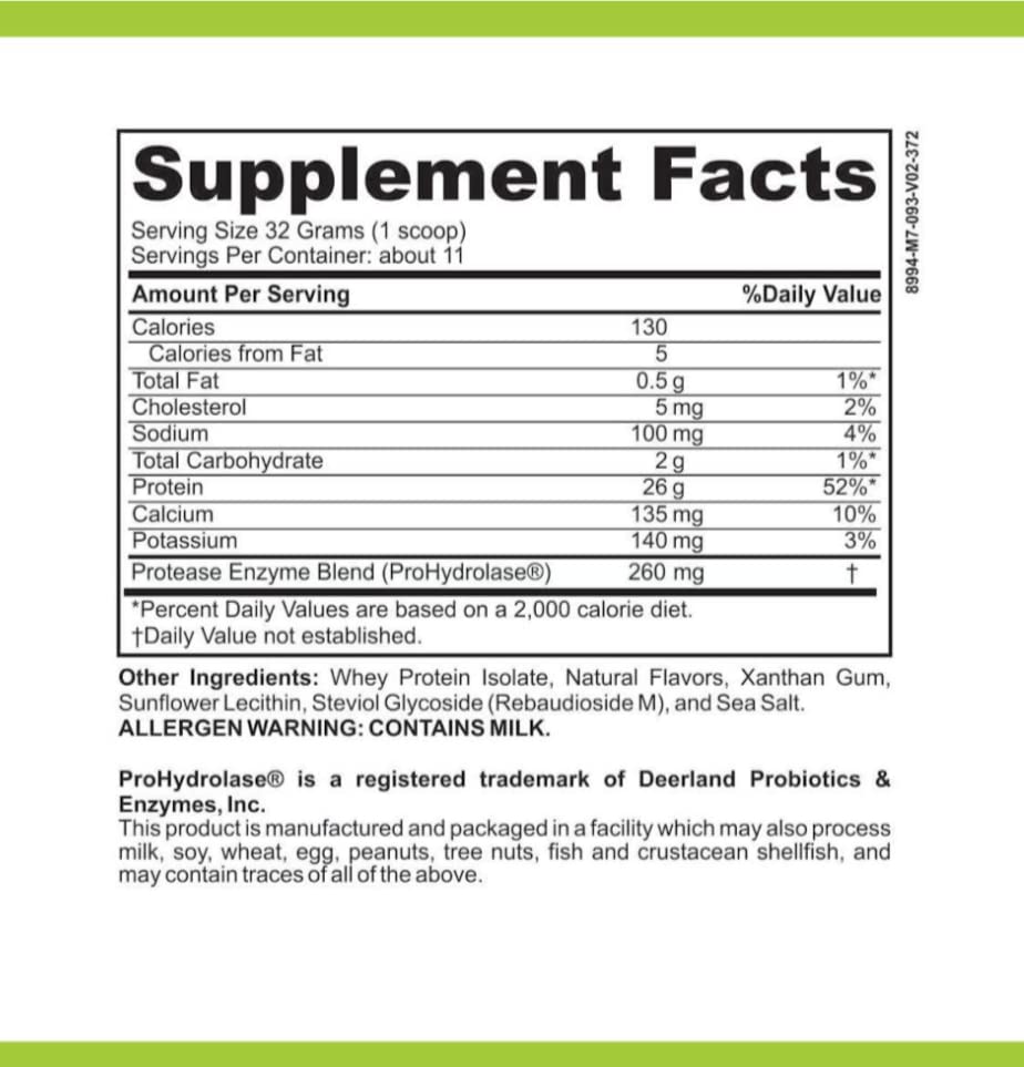 Closeup of Casa de Sante Vanilla label highlighting 25g protein per scoop