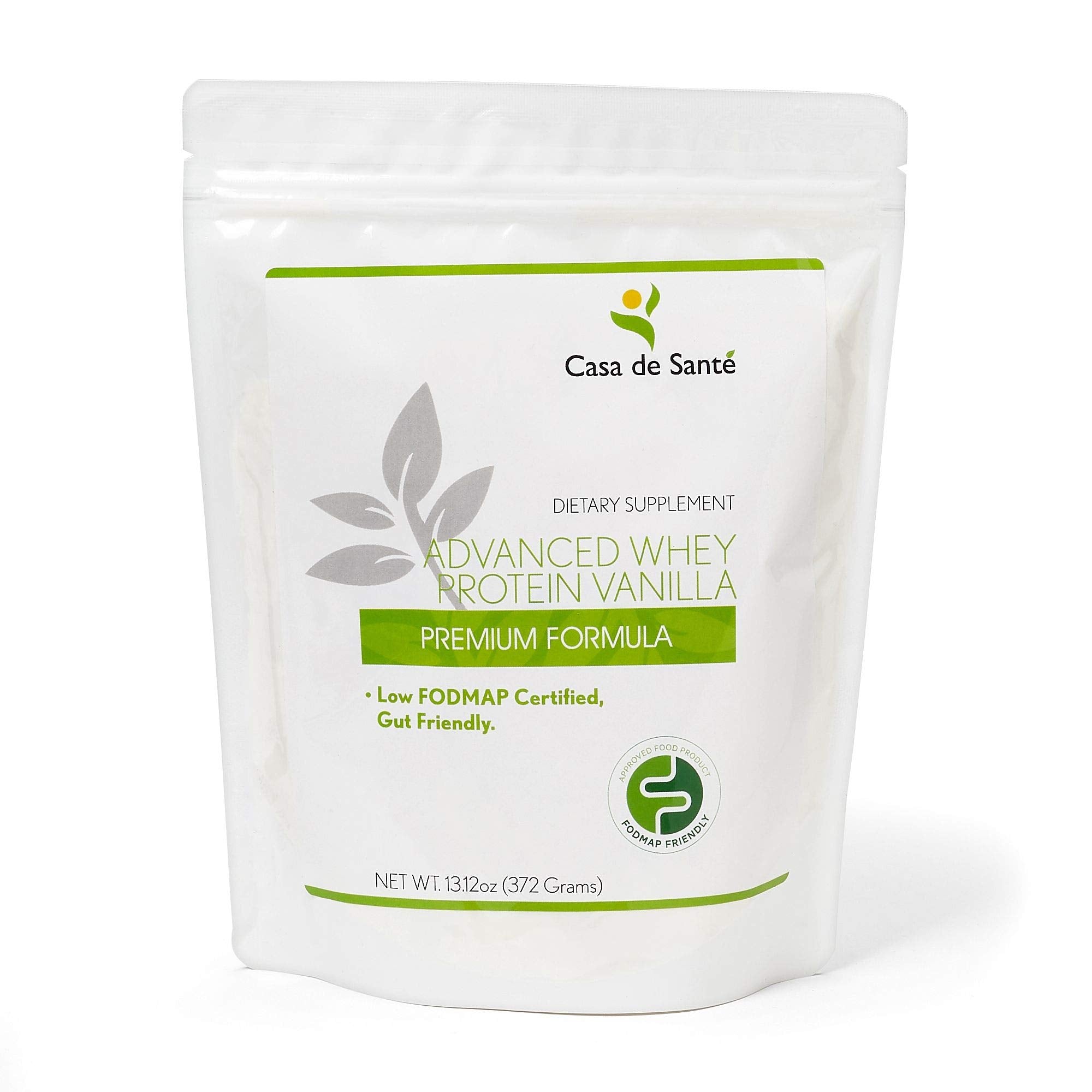 Casa de Sante Advanced Whey Vanilla scoop beside glass for post-workout shake