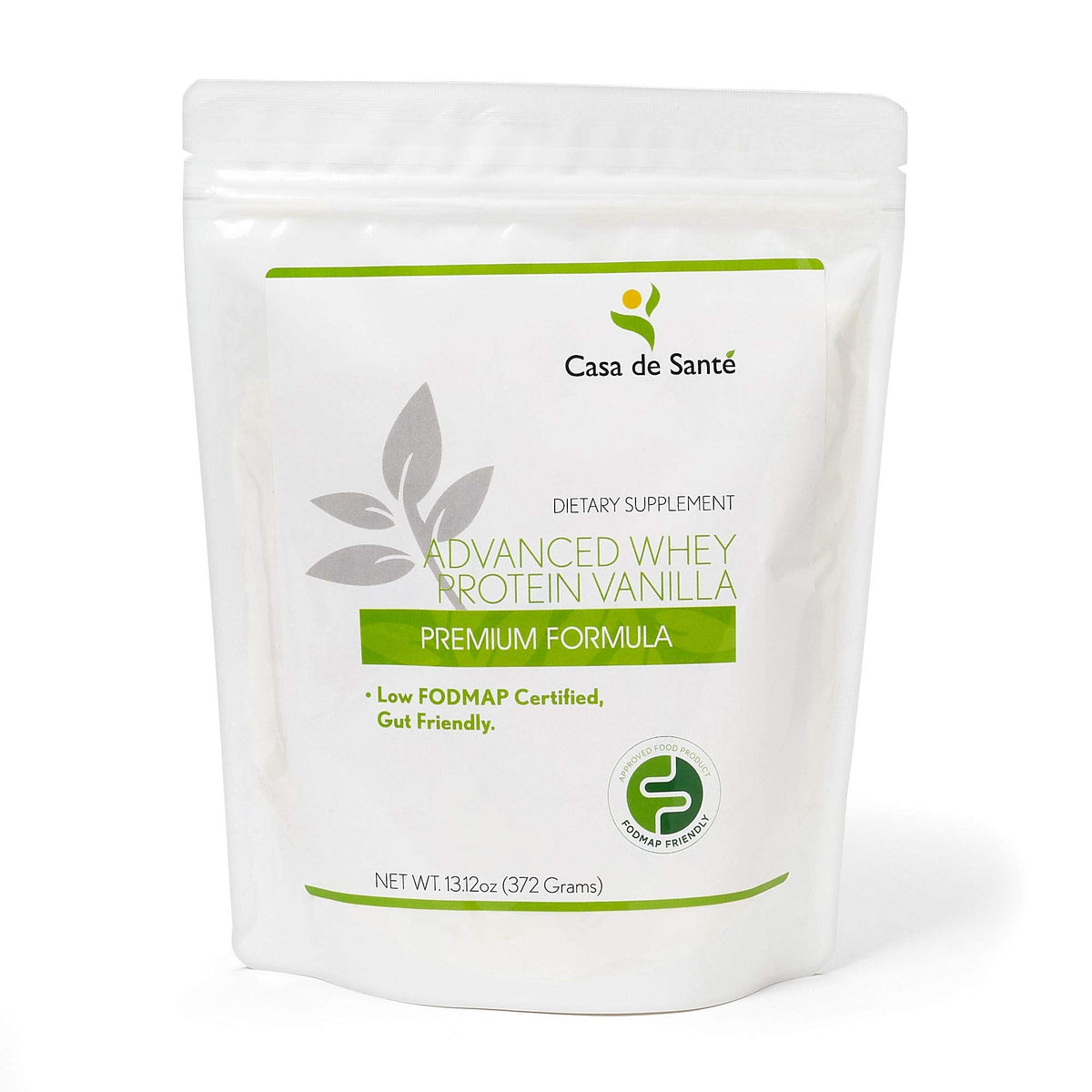 Casa de Sante Advanced Whey Vanilla scoop beside glass for post-workout shake