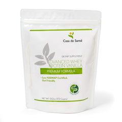 Casa de Sante Advanced Whey Vanilla scoop beside glass for post-workout shake