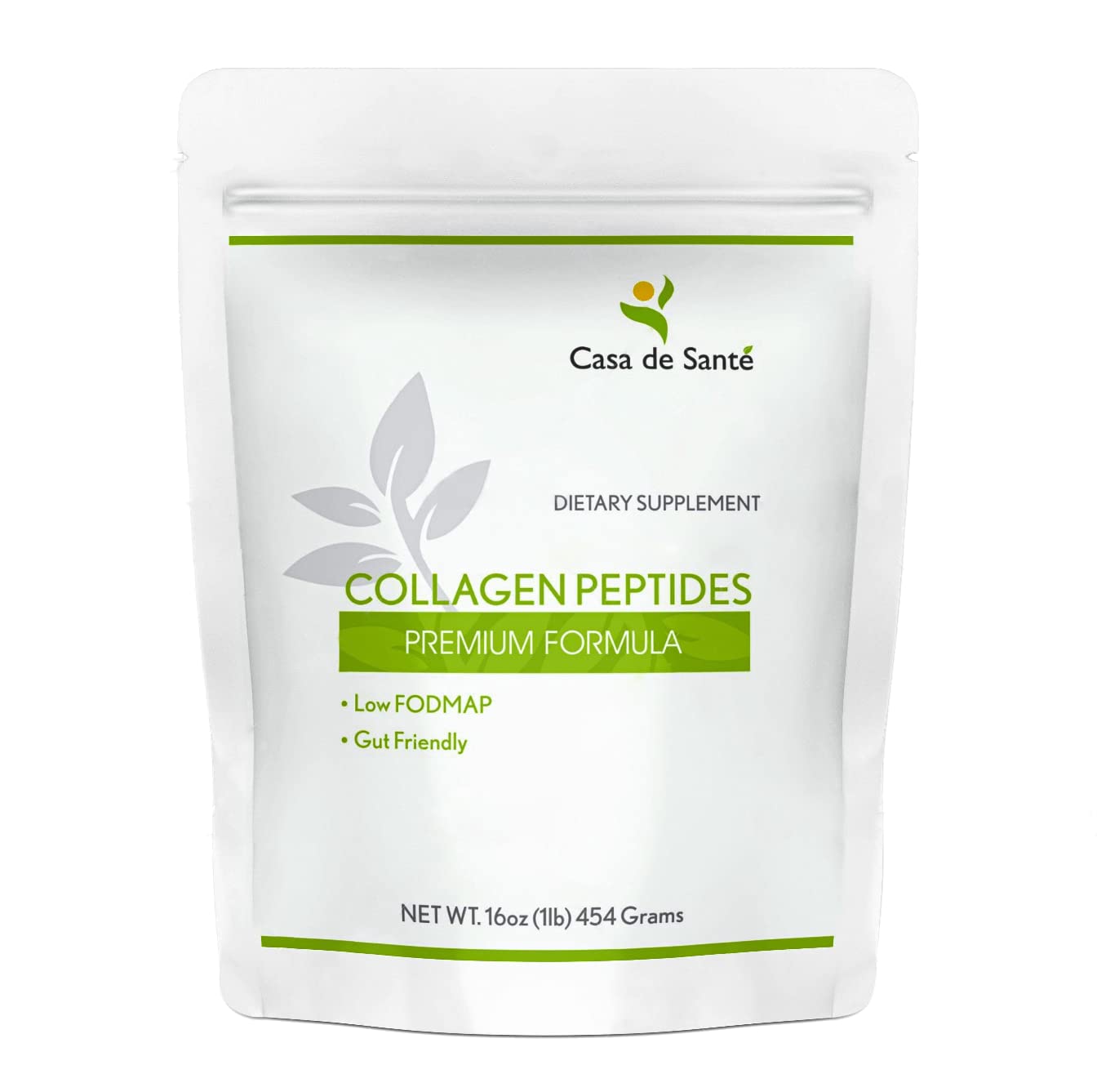 Casa de Sante hydrolyzed collagen peptides bottle highlighting GLP-1 support and gut-friendly formula.