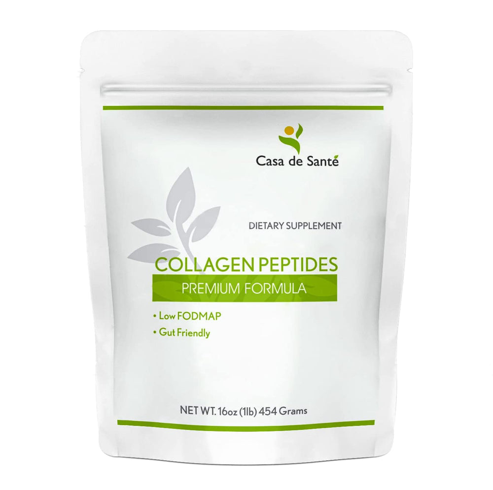 Casa de Sante hydrolyzed collagen peptides bottle highlighting GLP-1 support and gut-friendly formula.