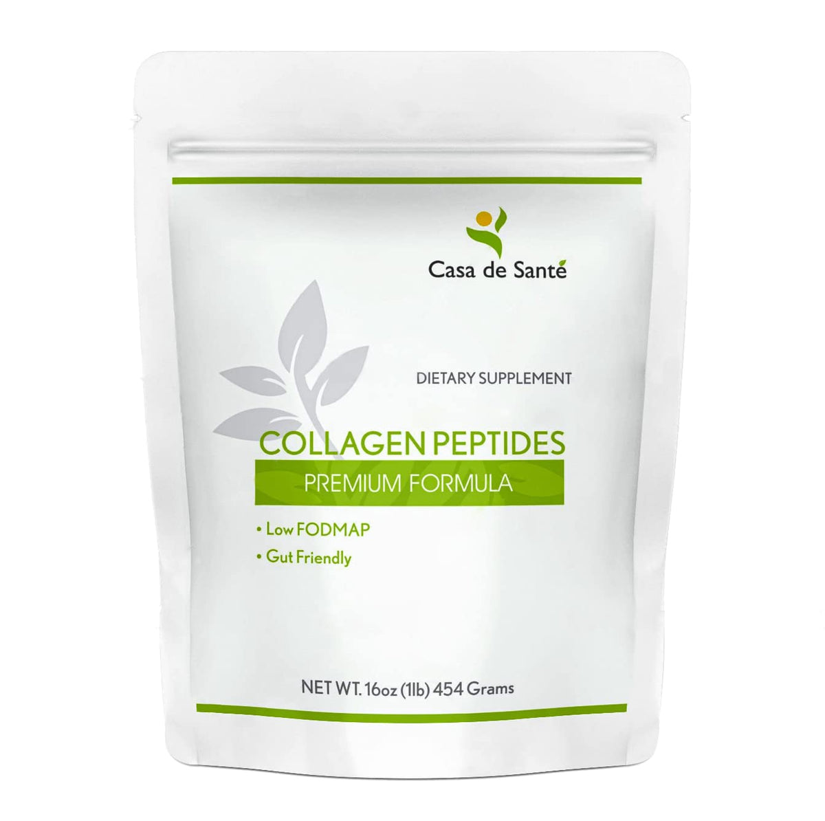 Casa de Sante hydrolyzed collagen peptides bottle highlighting GLP-1 support and gut-friendly formula.