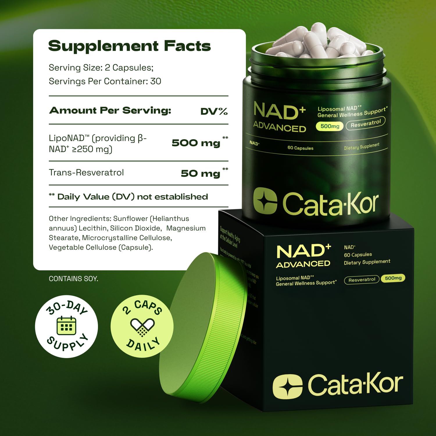 Cata-Kor two-capsule daily dosage showcases easy daily routine
