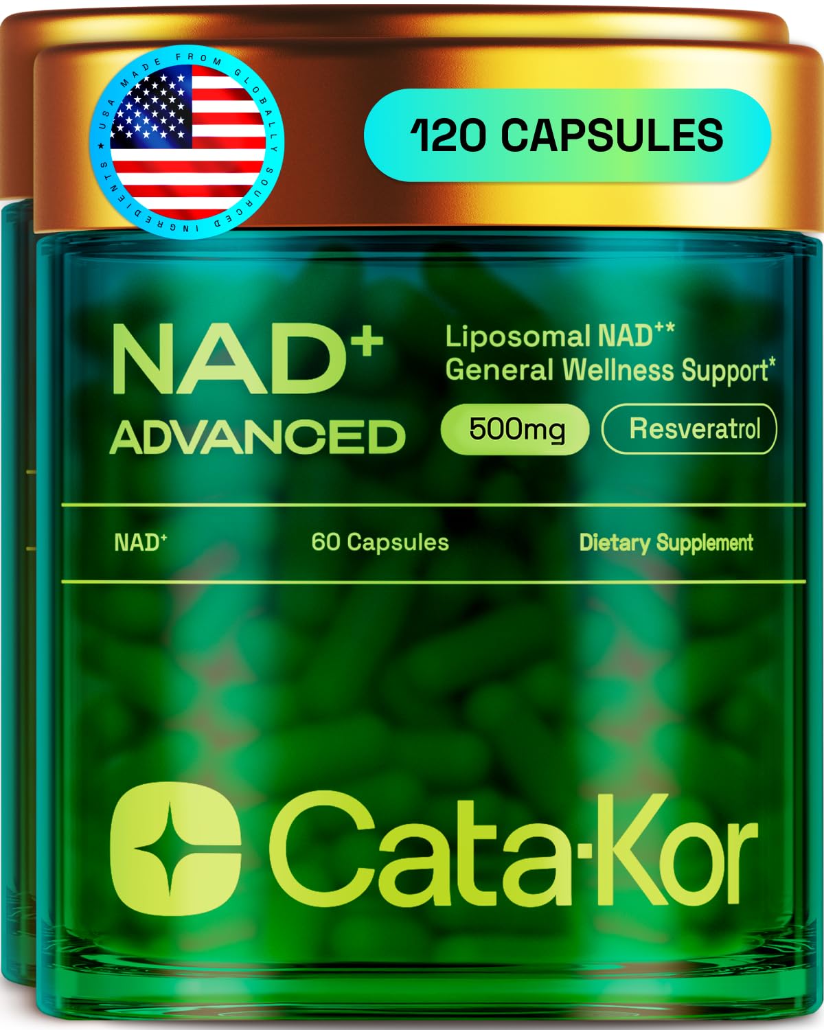 Cata-Kor Liposomal NAD bottle front promotes premium NAD+ formula for daily energy support
