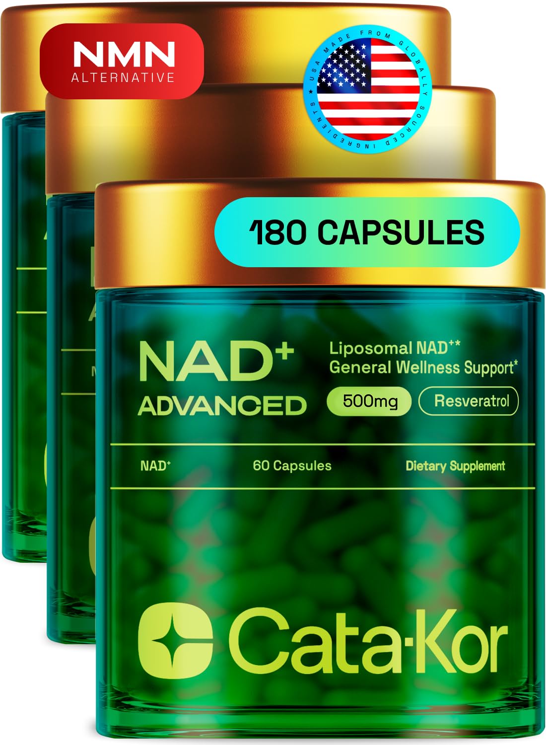 Cata-Kor liposomal NAD Resveratrol bottle on wood desk for daily routine.
