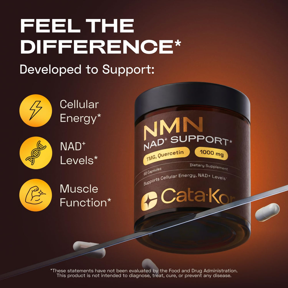 Cata-Kor NMN ingredients diagram highlights quercetin, resveratrol, TMG