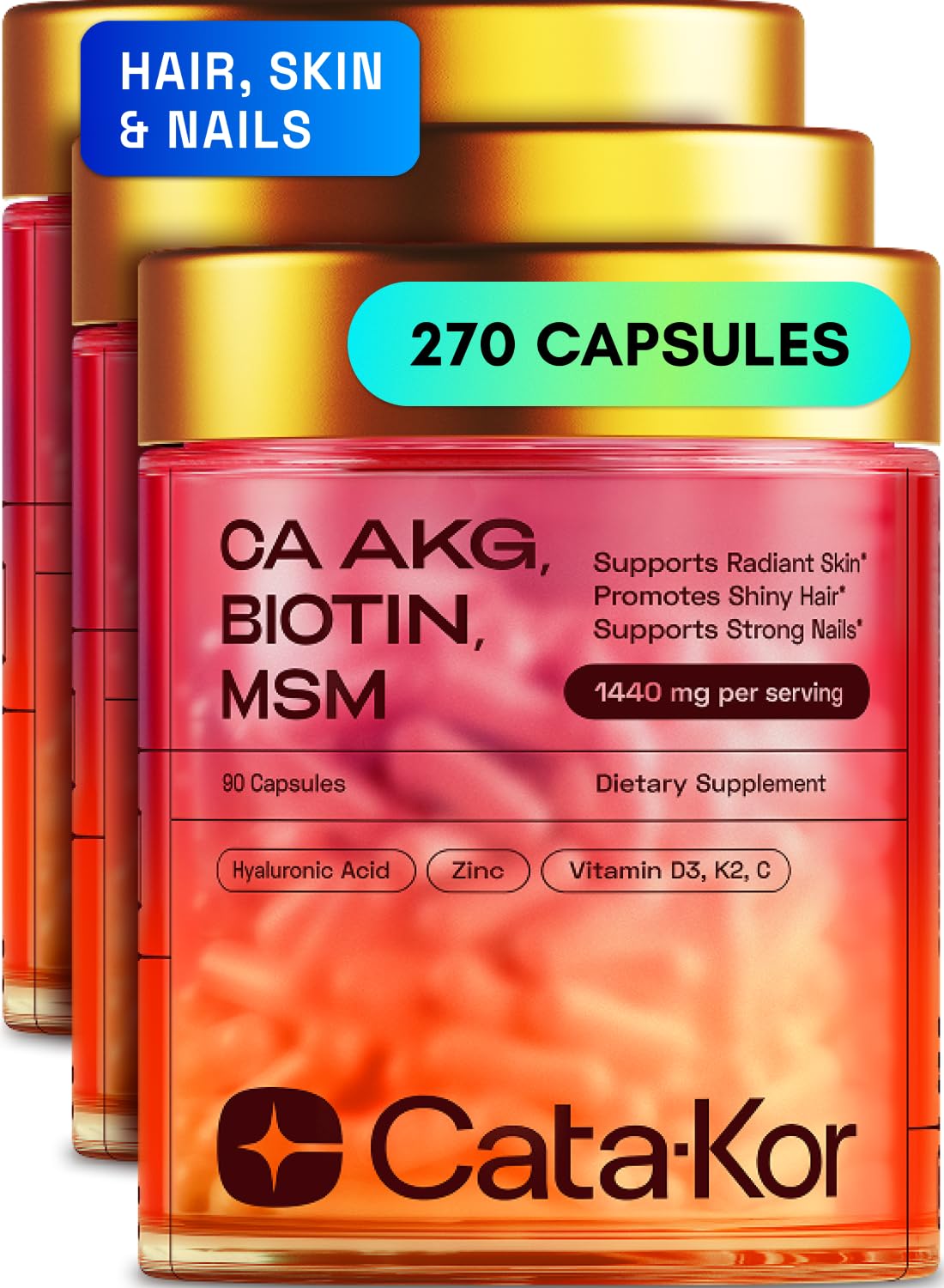 Cata-Kor Hair Skin Nails vitamins bottle for daily beauty support and easy supplementation.