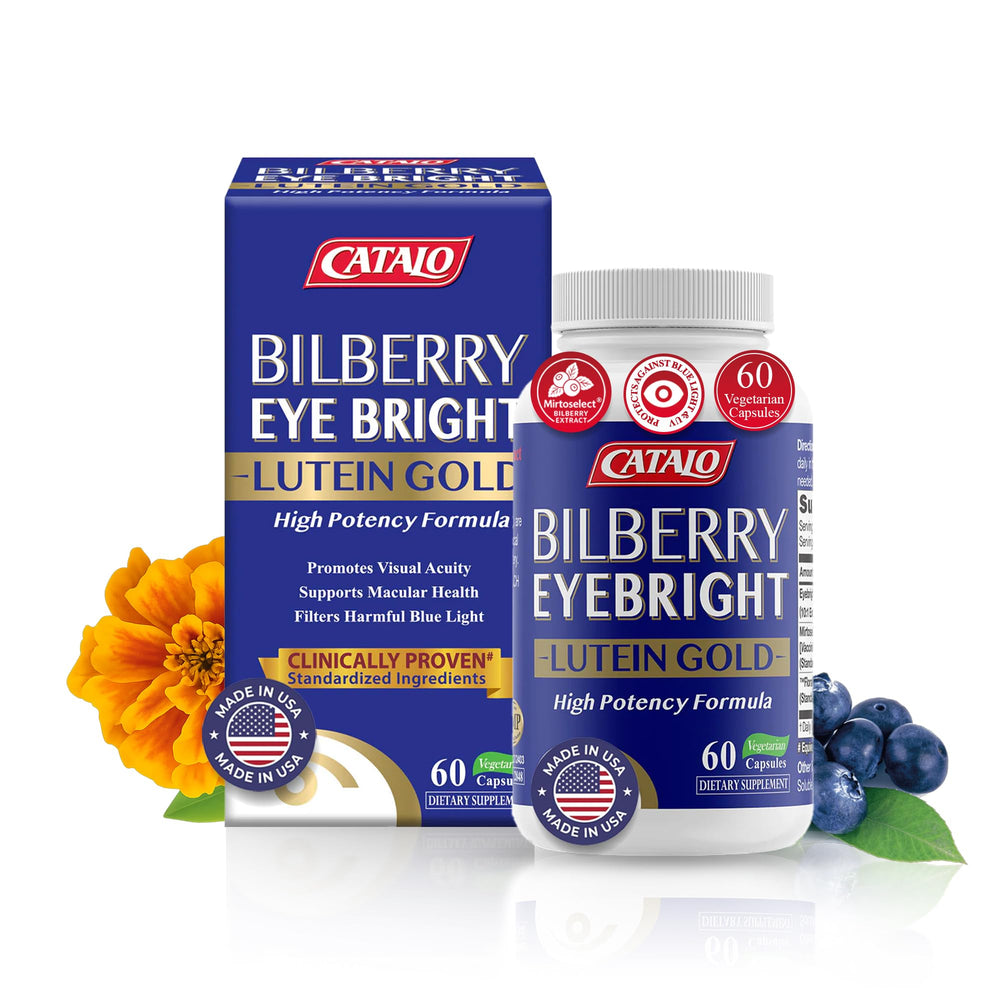 CATALO Bilberry Eyebright Extract Gold bottle front promotes eye clarity and daytime focus.