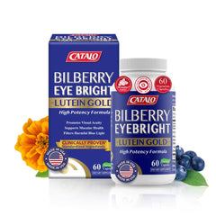 CATALO Bilberry Eyebright Extract Gold bottle front promotes eye clarity and daytime focus.