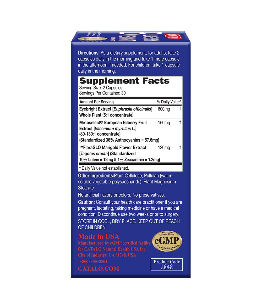 CATALO Bilberry Eyebright Extract Gold bottle label highlights bilberry and lutein.