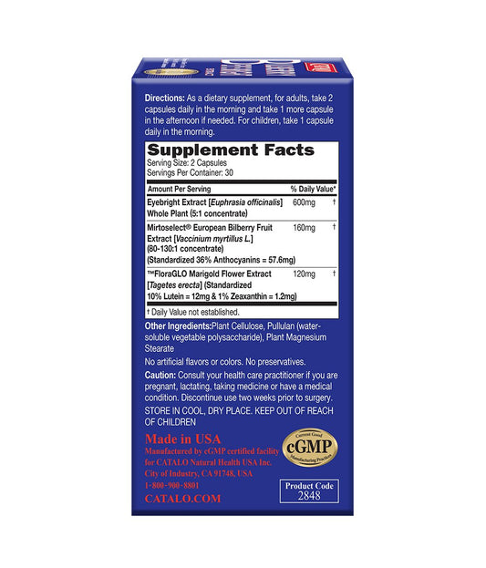 CATALO Bilberry Eyebright Extract Gold bottle label highlights bilberry and lutein.